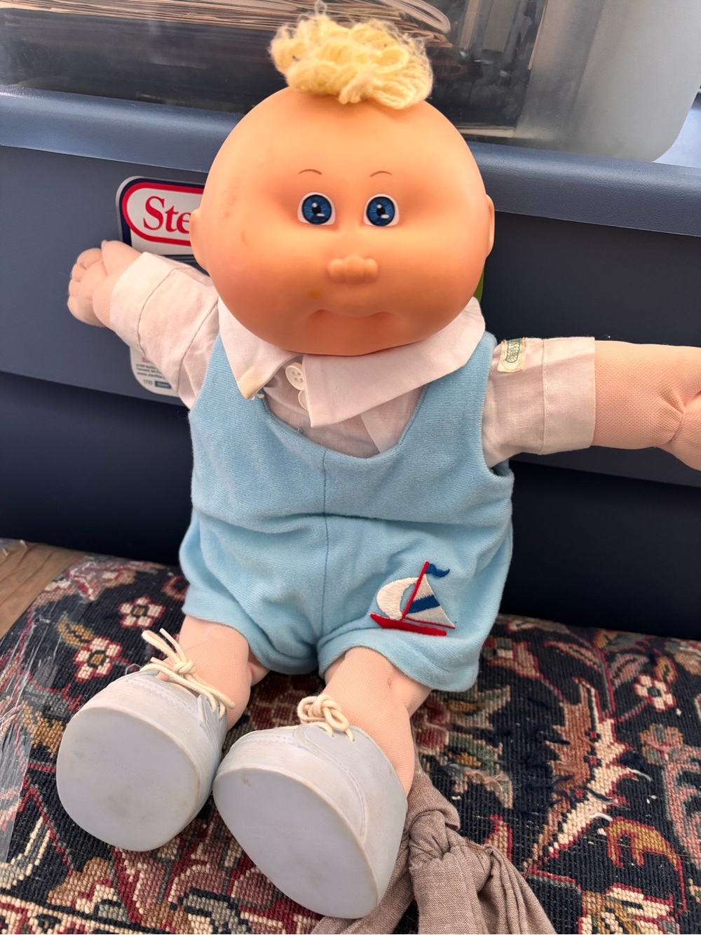 Cabbage Patch Kid “Preemie” 1985 Blue Sailboat Baby Doll with Blonde Yarn Hair